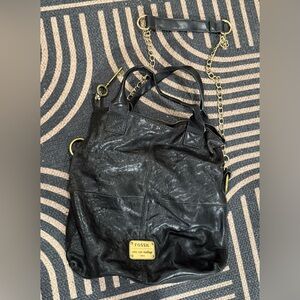 Fossil Black Leather Crossbody Bag with Gold Accents